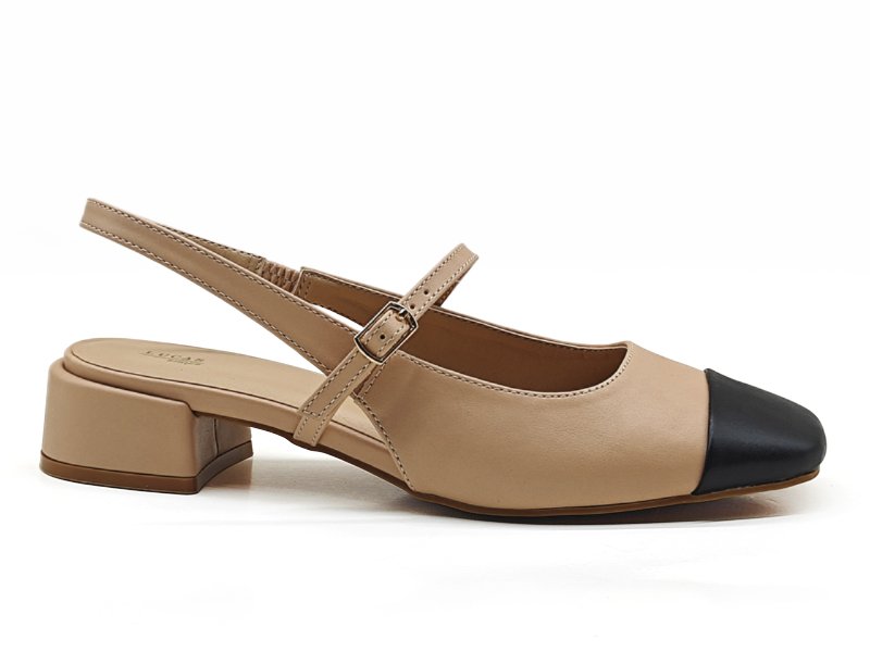Women's Beige & Black Leather Slingback Block Heel Pumps